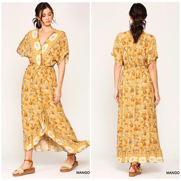 Boho Chic Mustard Kimono Top Ruffle Maxi Dress - Picture 1 of 7